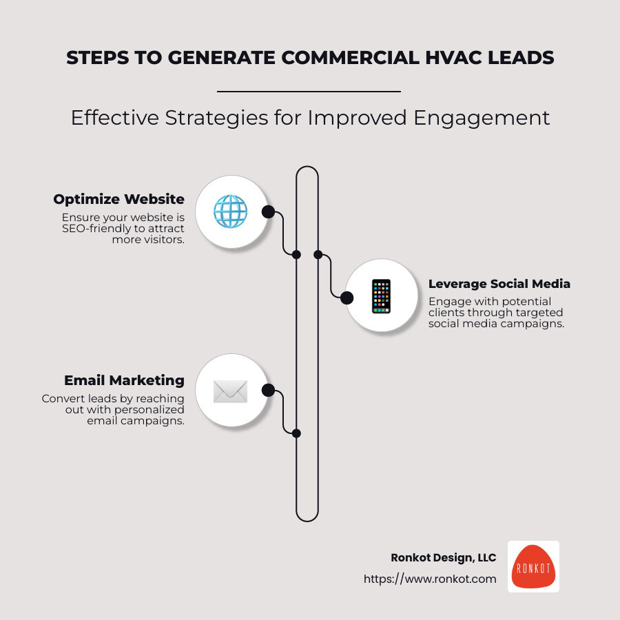 Infographic showing steps to generate commercial HVAC leads, including digital marketing strategies such as SEO, social media, and email campaigns for brand visibility and engagement. - commercial hvac leads infographic infographic-line-3-steps-neat_beige