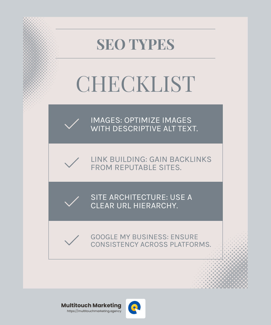 SEO types and strategies infographic - search engine optimization infographic checklist-light-blue-grey