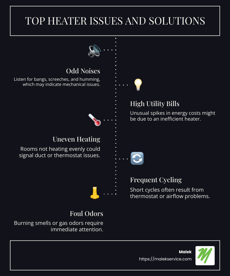 Infographic showing statistics on heater repair benefits and common issues in Houston - Heater repair Houston infographic infographic-line-5-steps-dark