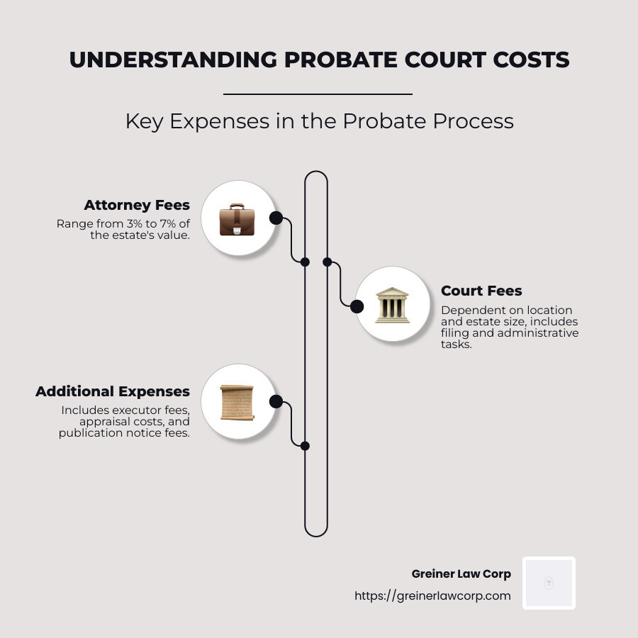 Infographic of Probate Court Costs: Detailed breakdown of factors like attorney fees (3-7% of estate value), court fees (location and size-based), executor fees, appraisal costs, bid bond fees, and publication notice expenses. - how much does it cost to go to probate court infographic infographic-line-3-steps-neat_beige