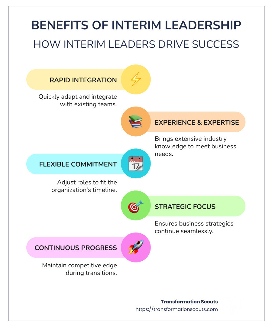 Benefits of interim leadership in strategic visioning and continuity during transitions - interim leadership services infographic infographic-line-5-steps-colors