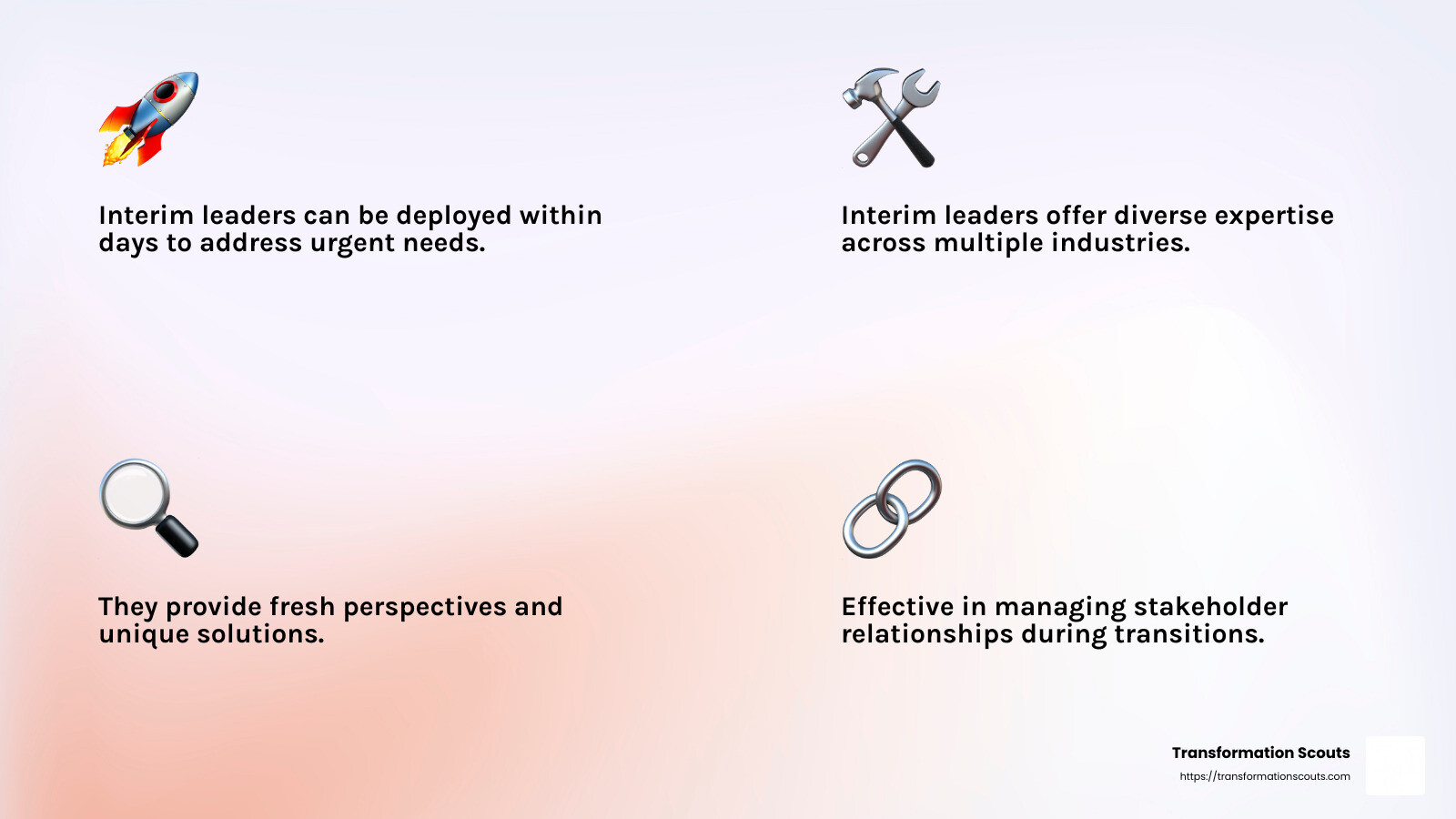 The importance of interim leadership in maintaining business continuity - interim leadership services infographic 4_facts_emoji_light-gradient