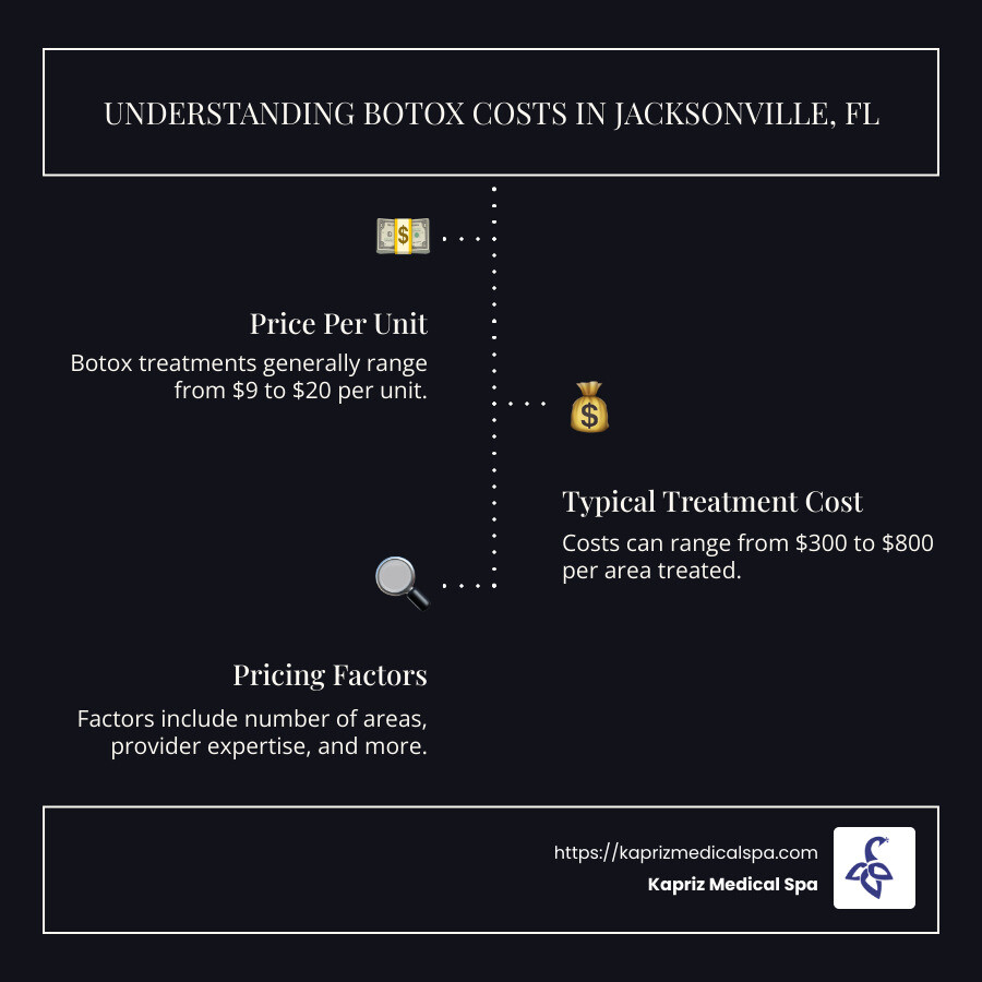 Infographic of Botox cost breakdown in Jacksonville, FL, showing price per unit range, typical treatment costs, and factors influencing pricing - botox cost jacksonville fl infographic infographic-line-3-steps-dark