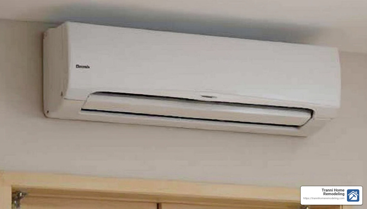 Diagram of a ductless heat pump system showing the indoor and outdoor units and the refrigerant cycle - ductless heat pump system