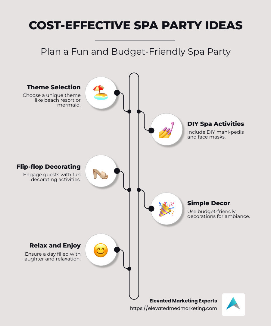Infographic showing cost-effective spa themed party ideas, including theme selection, DIY spa activities, and simple decor tips - spa themed party ideas infographic infographic-line-5-steps-neat_beige