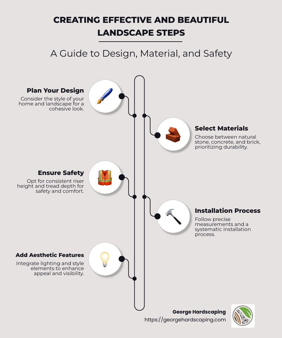 Infographic detailing the design process, materials, and safety considerations for landscape steps - landscape steps infographic infographic-line-5-steps-neat_beige