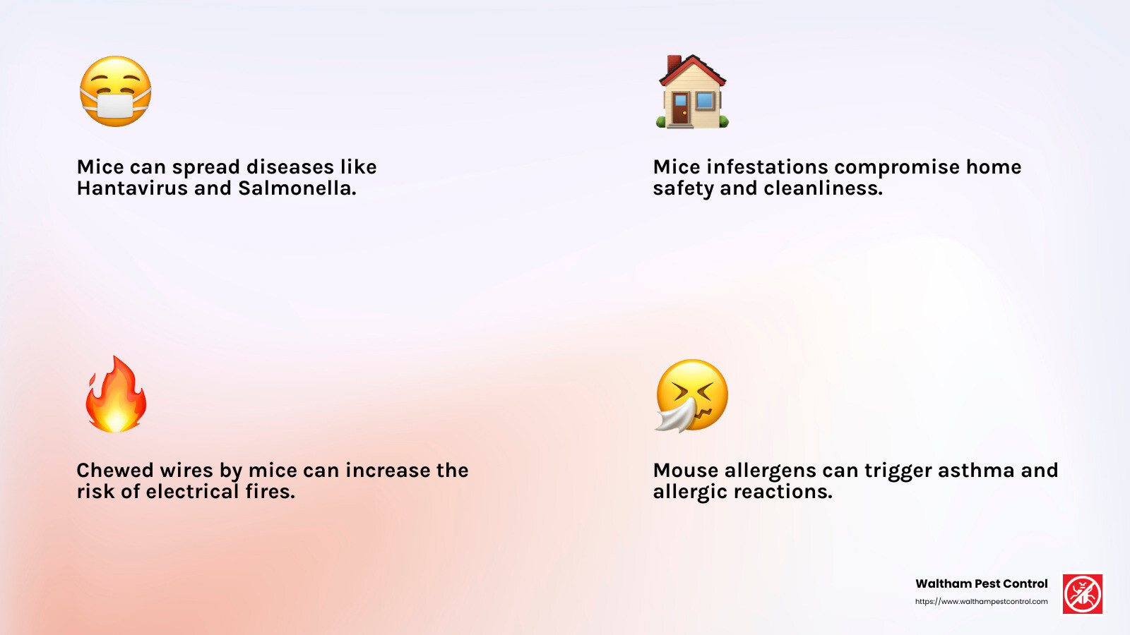 Mice can spread diseases through their urine and droppings, posing a health risk to humans. - mice exterminator near me infographic 4_facts_emoji_light-gradient
