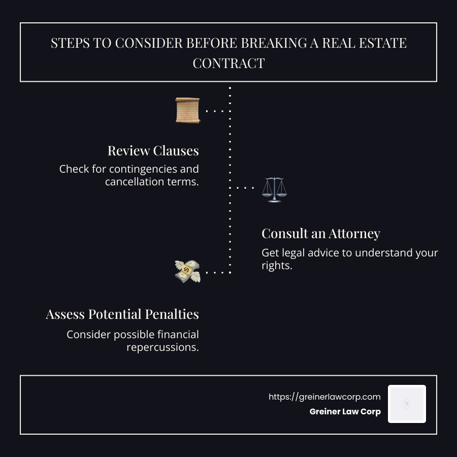 Infographic explaining steps to consider before breaking a real estate contract such as checking clauses, consulting an attorney, and understanding potential penalties - breaking a real estate contract infographic infographic-line-3-steps-dark
