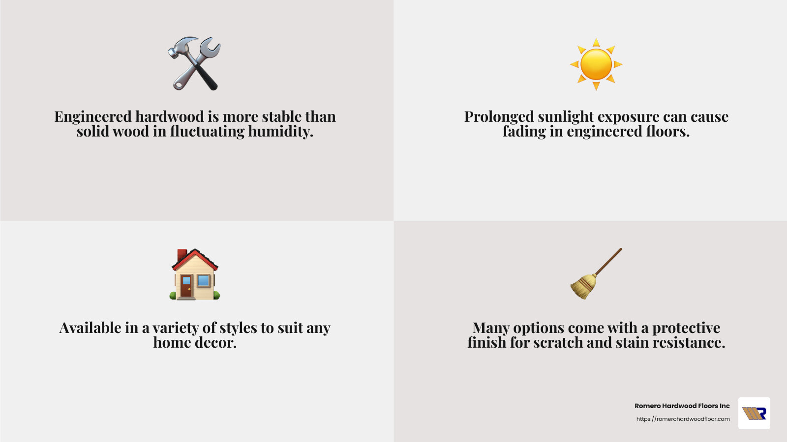 Engineered hardwood floors offer a wide range of styles and installation options. - engineered hardwood floors infographic 4_facts_emoji_grey