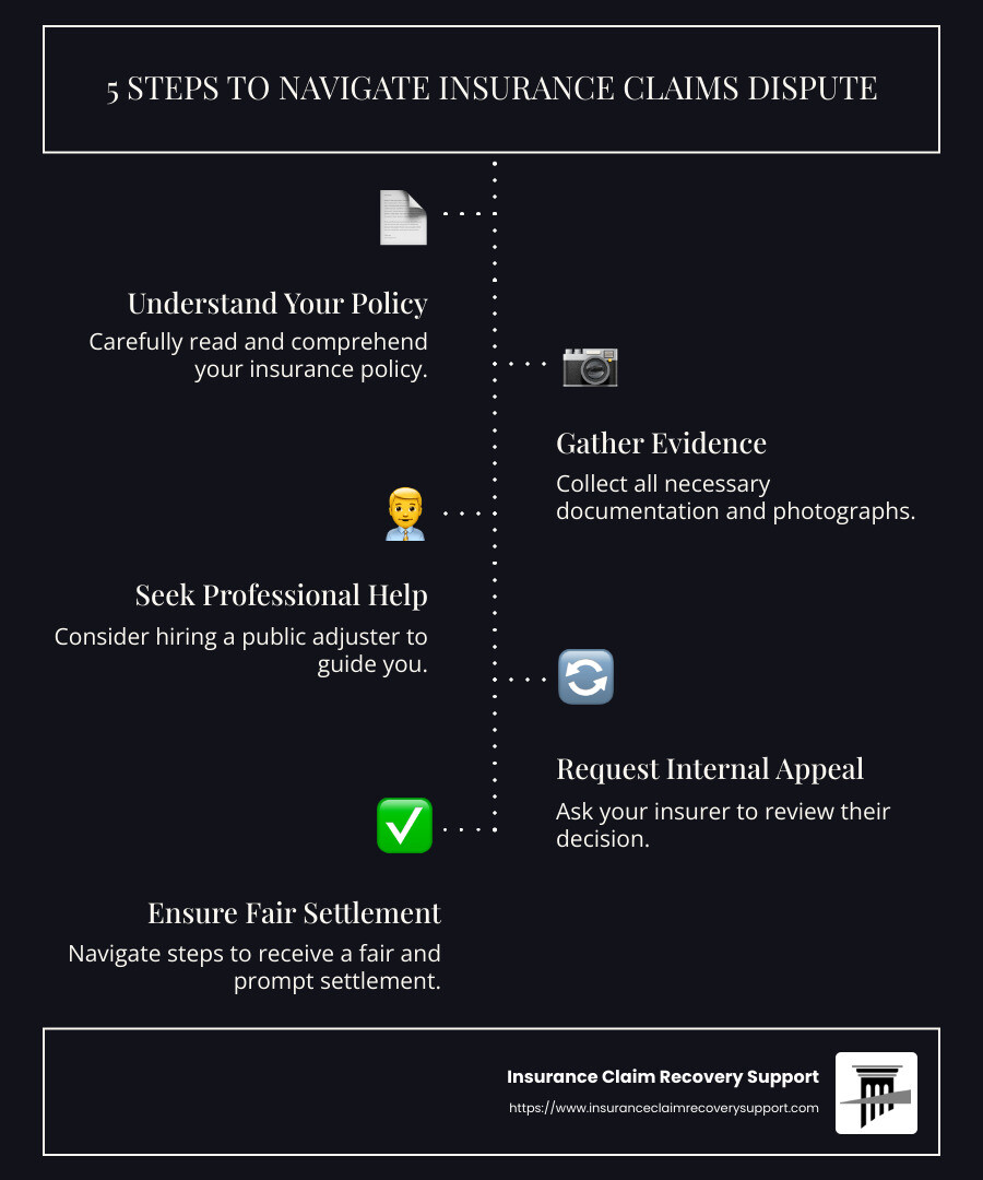 Steps to Steer Insurance Claims Dispute - insurance claims dispute assistance infographic infographic-line-5-steps-dark
