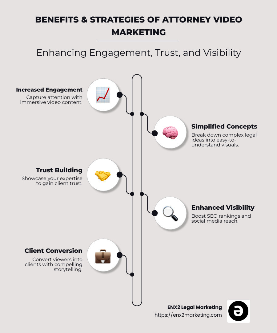 Infographic illustrating benefits and strategies of attorney video marketing, highlighting engagement, trust-building, and increased visibility. - attorney video marketing infographic infographic-line-5-steps-neat_beige