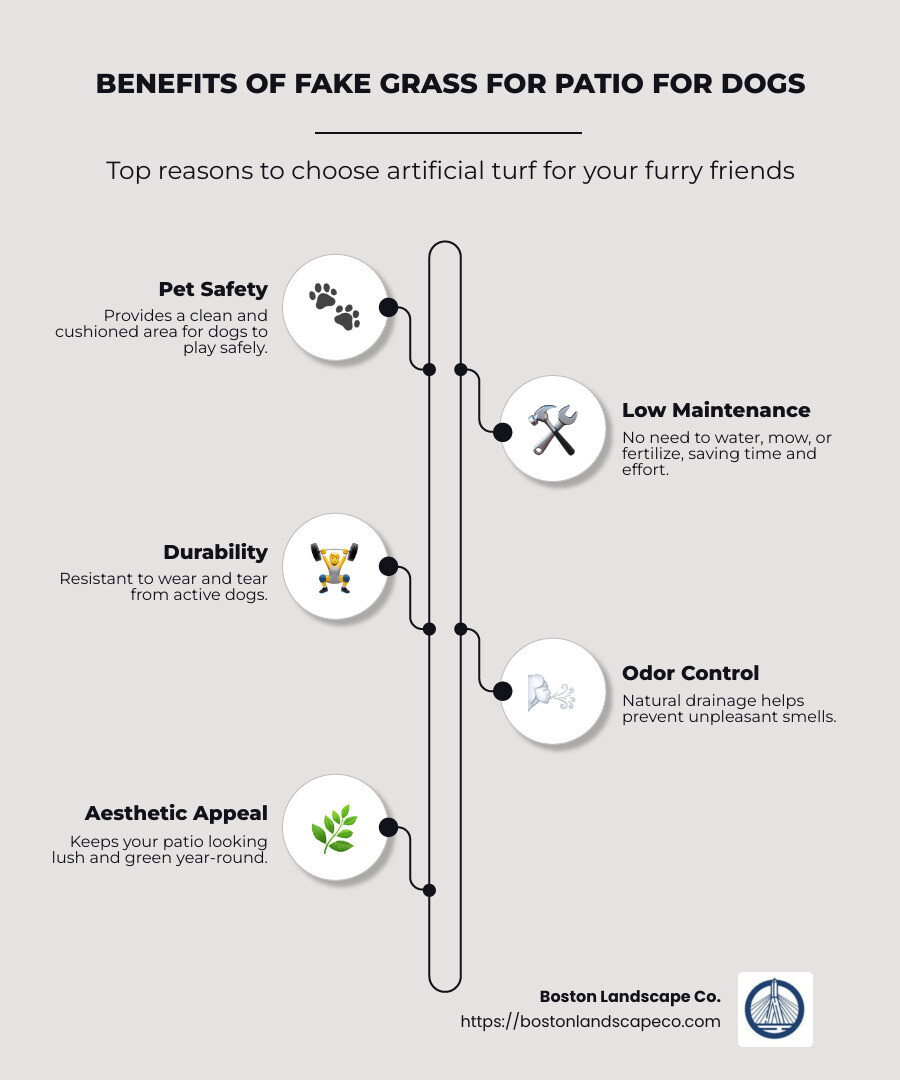 Benefits of fake grass for dogs on patios including low maintenance and odor control - fake grass for patio for dogs infographic infographic-line-5-steps-neat_beige