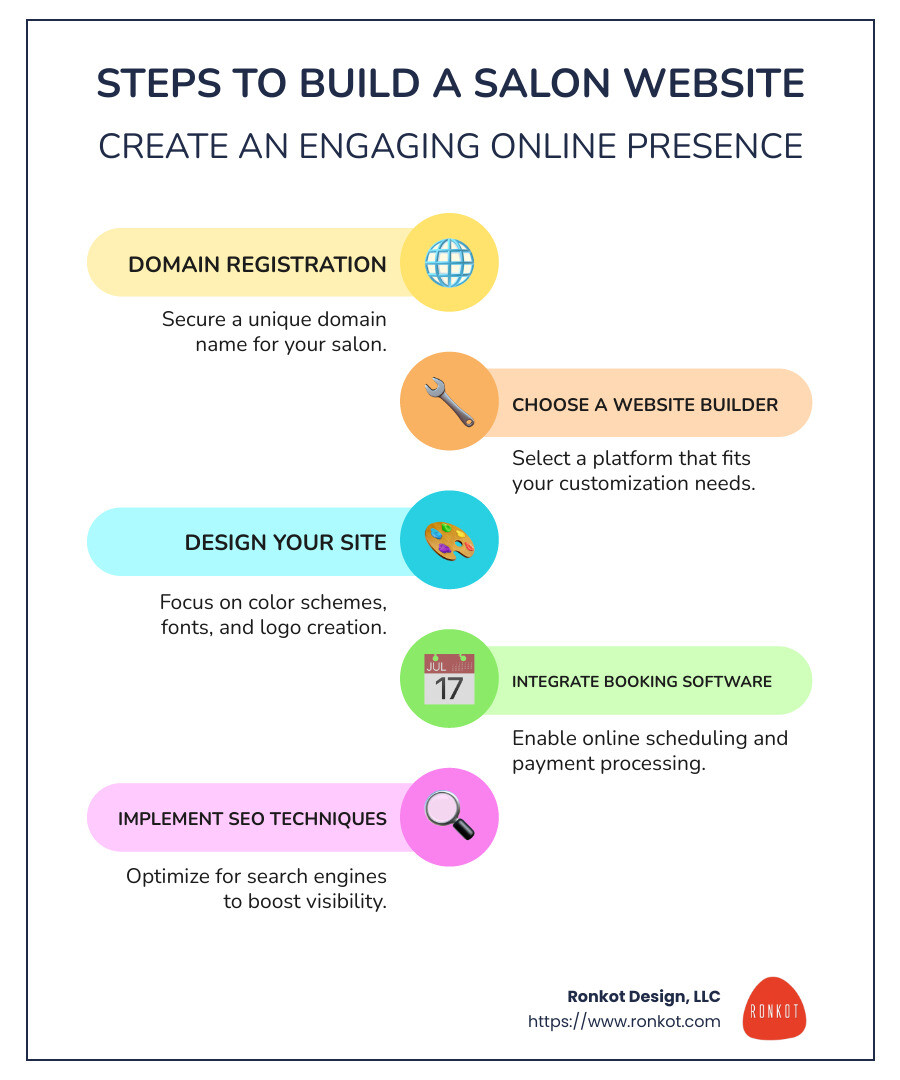 Steps to build a salon website infographic showing: domain registration, choosing a builder, integrating booking software, using SEO techniques, and ensuring mobile-friendliness. - build a salon website infographic infographic-line-5-steps-colors