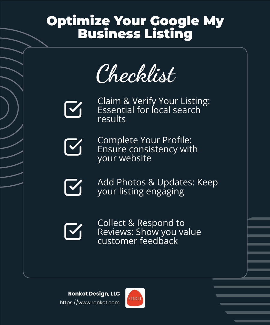 Local SEO and Google My Business are critical for attracting nearby clients. - build a salon website infographic checklist-dark-blue