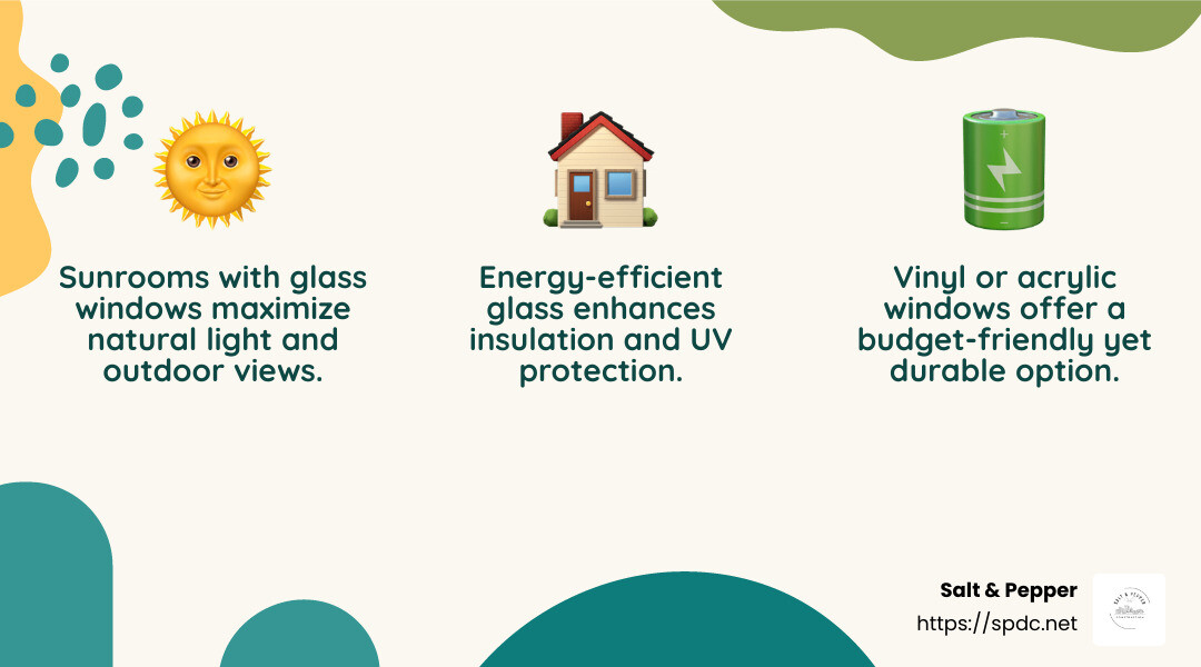 Energy-efficient glass windows can improve your sunroom experience by providing better insulation and UV protection. - Sunroom addition Tampa FL infographic 3_facts_emoji_nature Energy-efficient glass windows can improve your sunroom experience by providing better insulation and UV protection. - Sunroom addition Tampa FL infographic 3_facts_emoji_nature