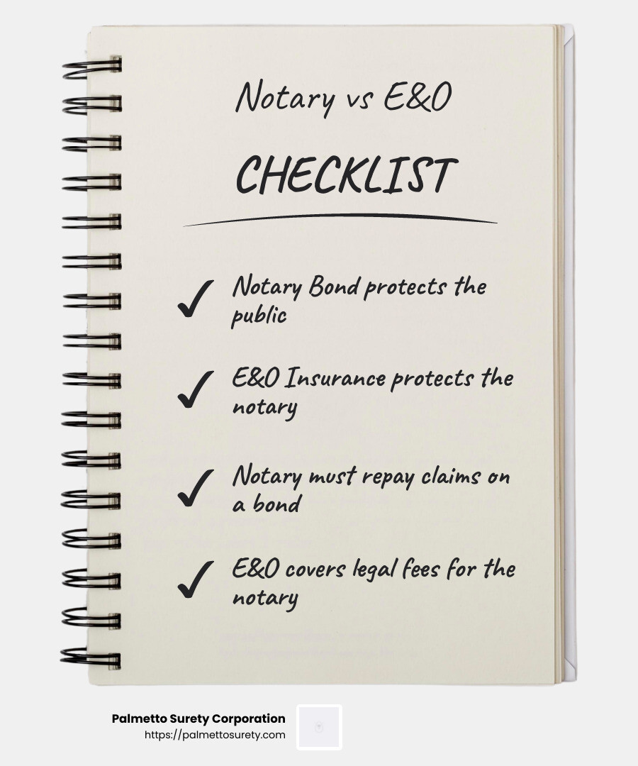 Understanding the financial liability of notary bonds and e&o insurance - notary bond cost infographic checklist-notebook Understanding the financial liability of notary bonds and e&o insurance - notary bond cost infographic checklist-notebook