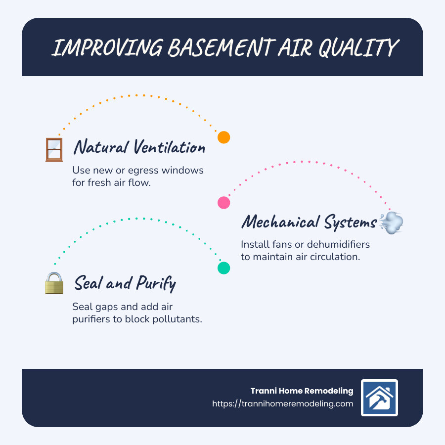 Say Goodbye to Stale Air: Effective Basement Ventilation Solutions 1 Infographic showing different basement ventilation methods including windows, air systems, and sealing techniques - Basement ventilation solutions infographic infographic-line-3-steps-blues-accent_colors