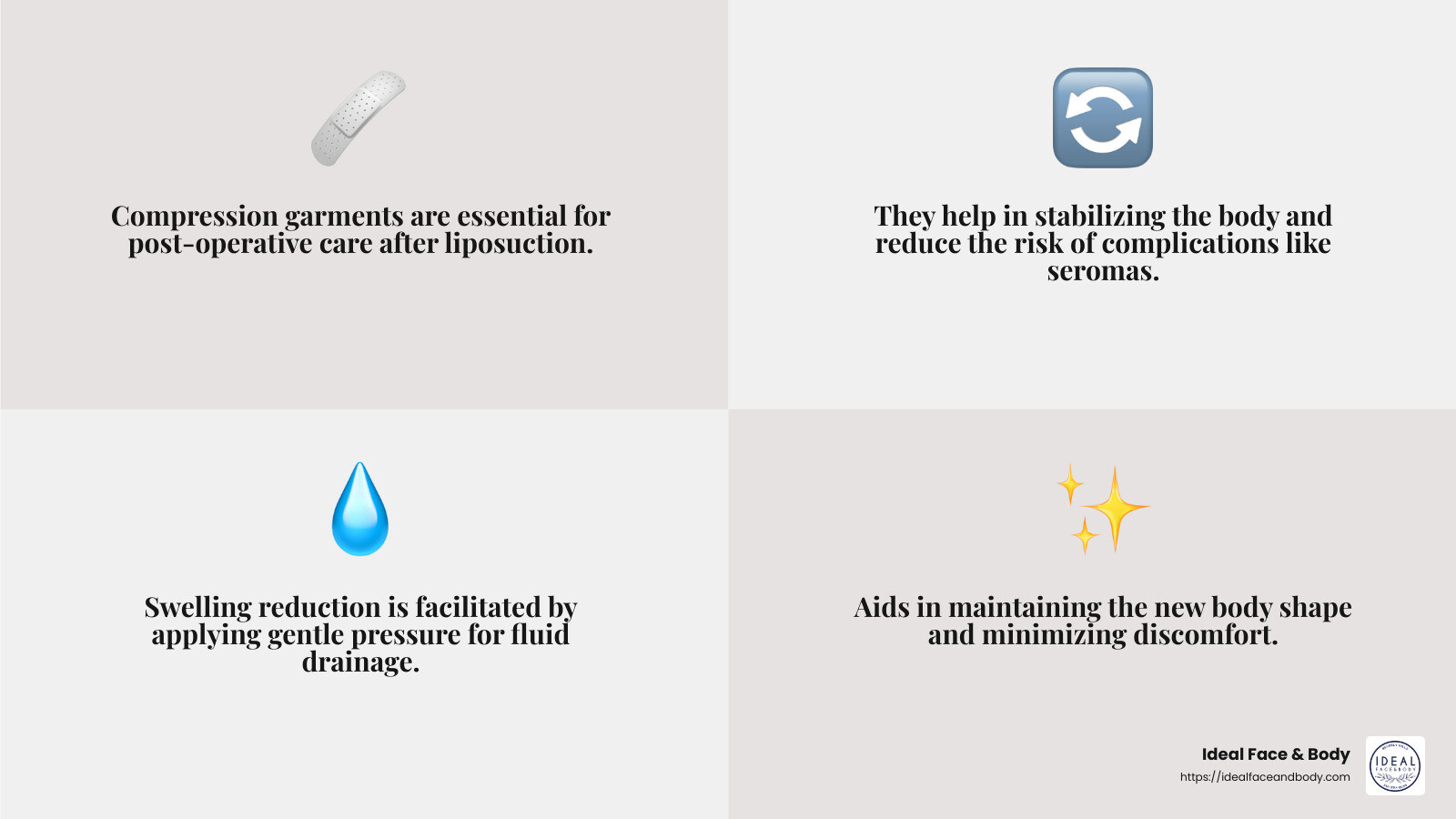 Swelling Reduction and Healing Support - best compression garment after liposuction infographic 4_facts_emoji_grey