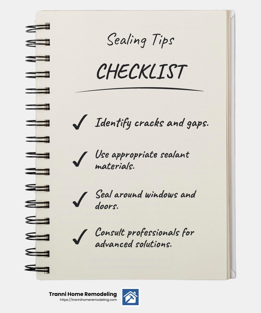 Say Goodbye to Stale Air: Effective Basement Ventilation Solutions 3 Sealing basement cracks and gaps helps prevent moisture and pollutants - Basement ventilation solutions infographic checklist-notebook
