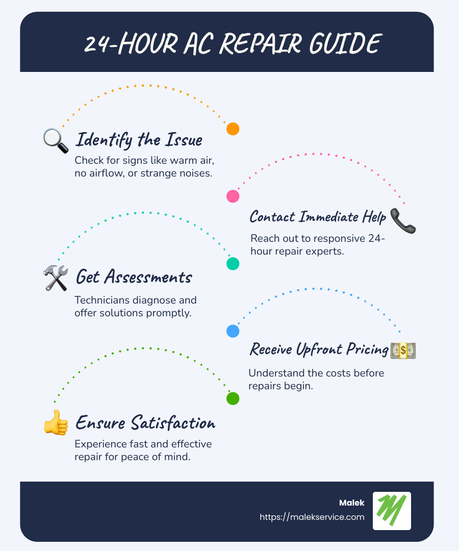 24-hour AC Repair College Station infographic depicting quick contact options, 24/7 availability, benefits of licensed technicians, steps to immediate relief, concise but engaging visual layout - 24-hour AC repair College Station infographic infographic-line-5-steps-blues-accent_colors