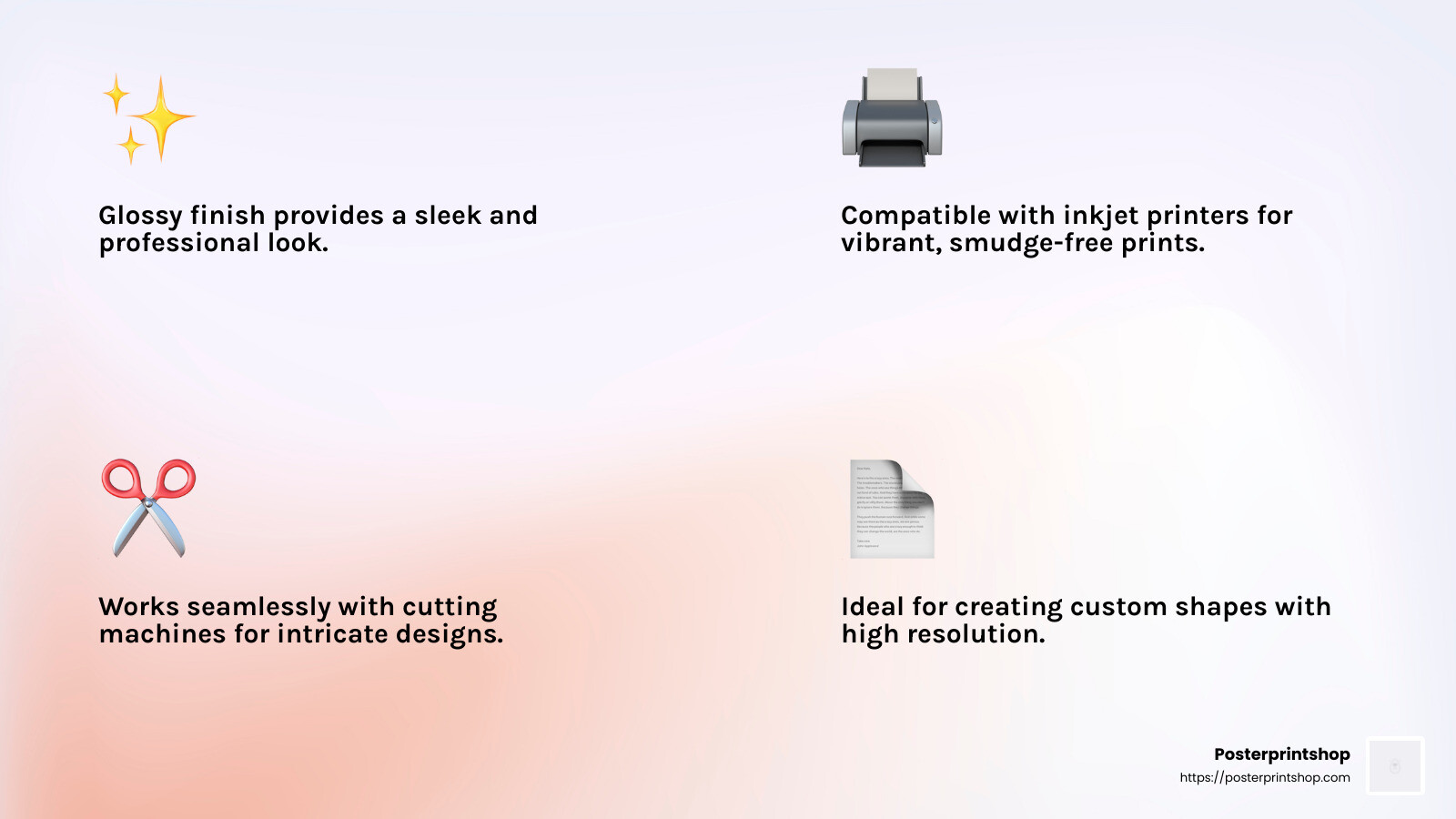 Glossy finish and vibrant prints make this paper a top choice for professional-looking stickers. - transparent photo sticker paper infographic 4_facts_emoji_light-gradient