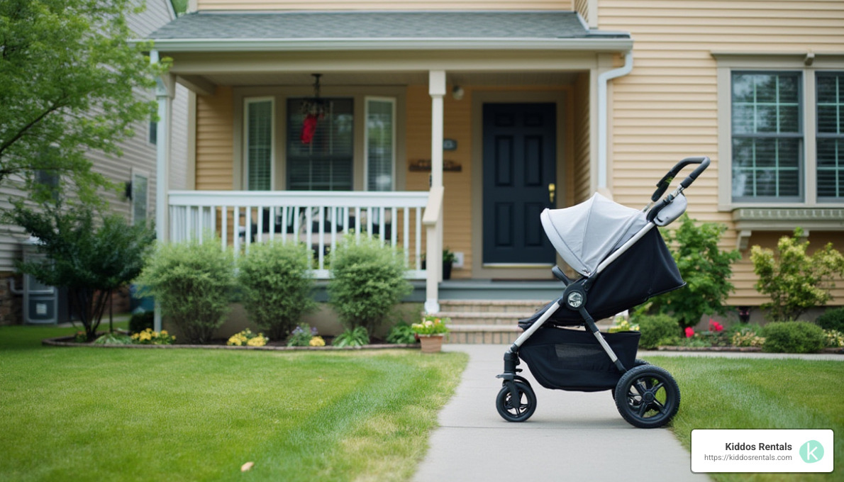A baby stroller left at a front door - stroller rentals