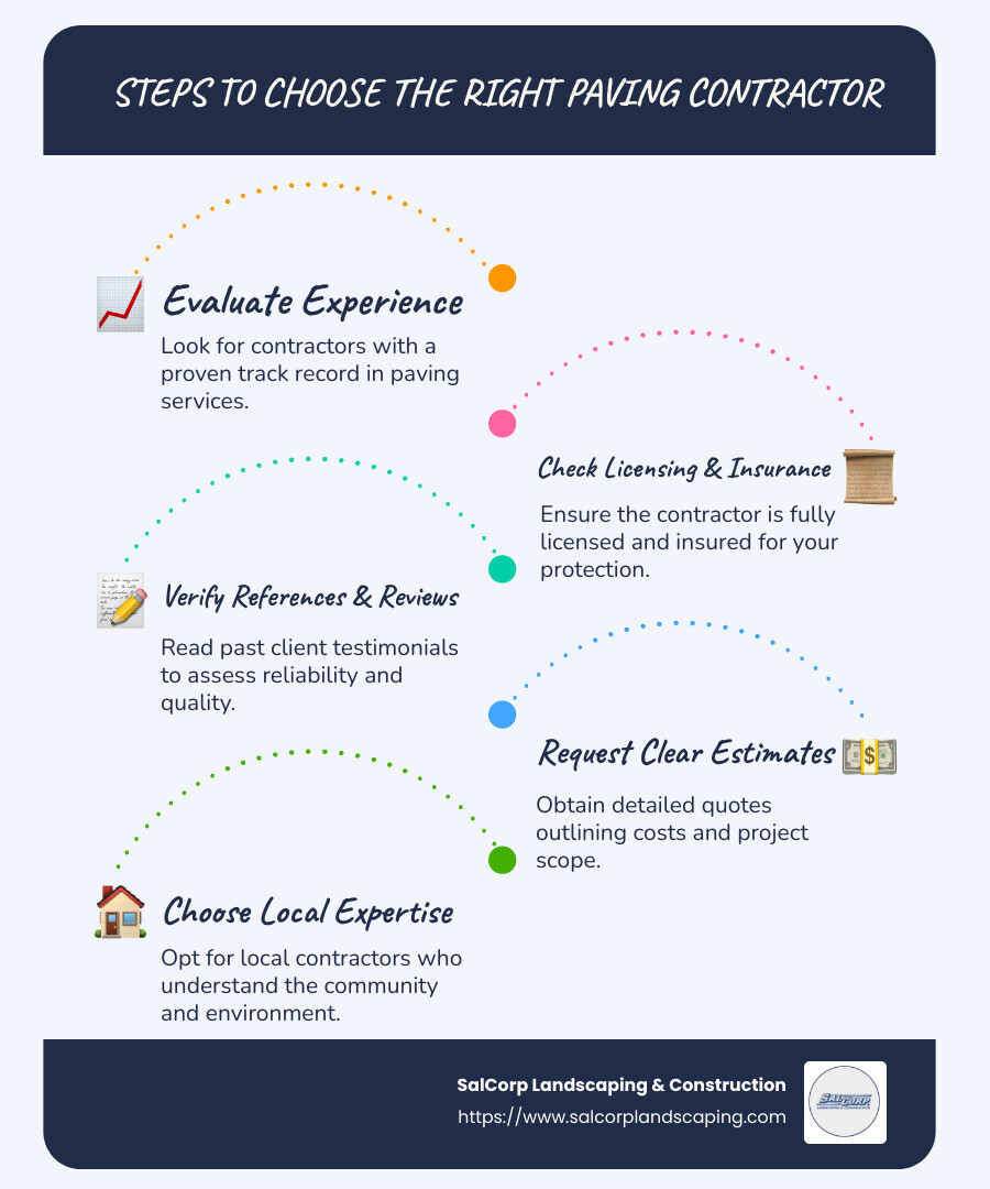 Detailed infographic showing step-by-step guide to choosing a paving contractor, including experience evaluation, licensing verification, and cost assessment - paving contractor near me infographic infographic-line-5-steps-blues-accent_colors