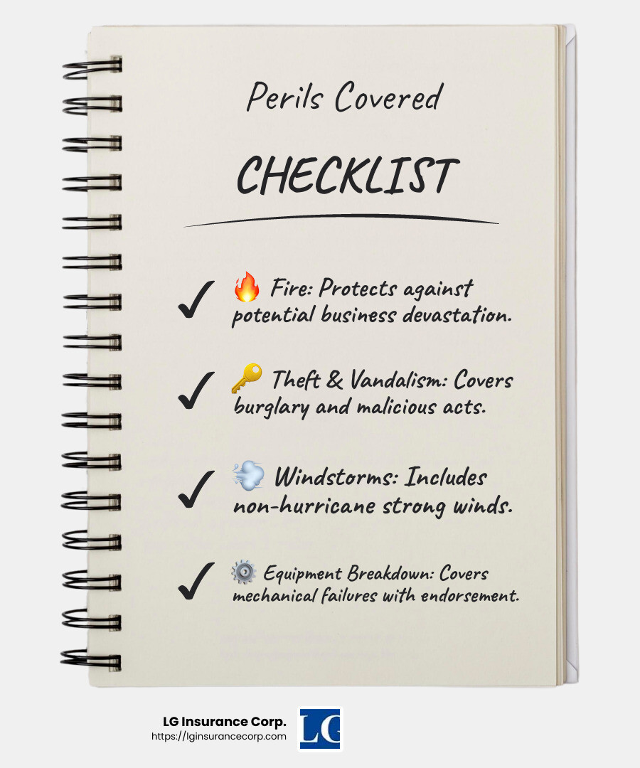 Perils Covered by Commercial Property Insurance - building insurance commercial property infographic checklist-notebook
