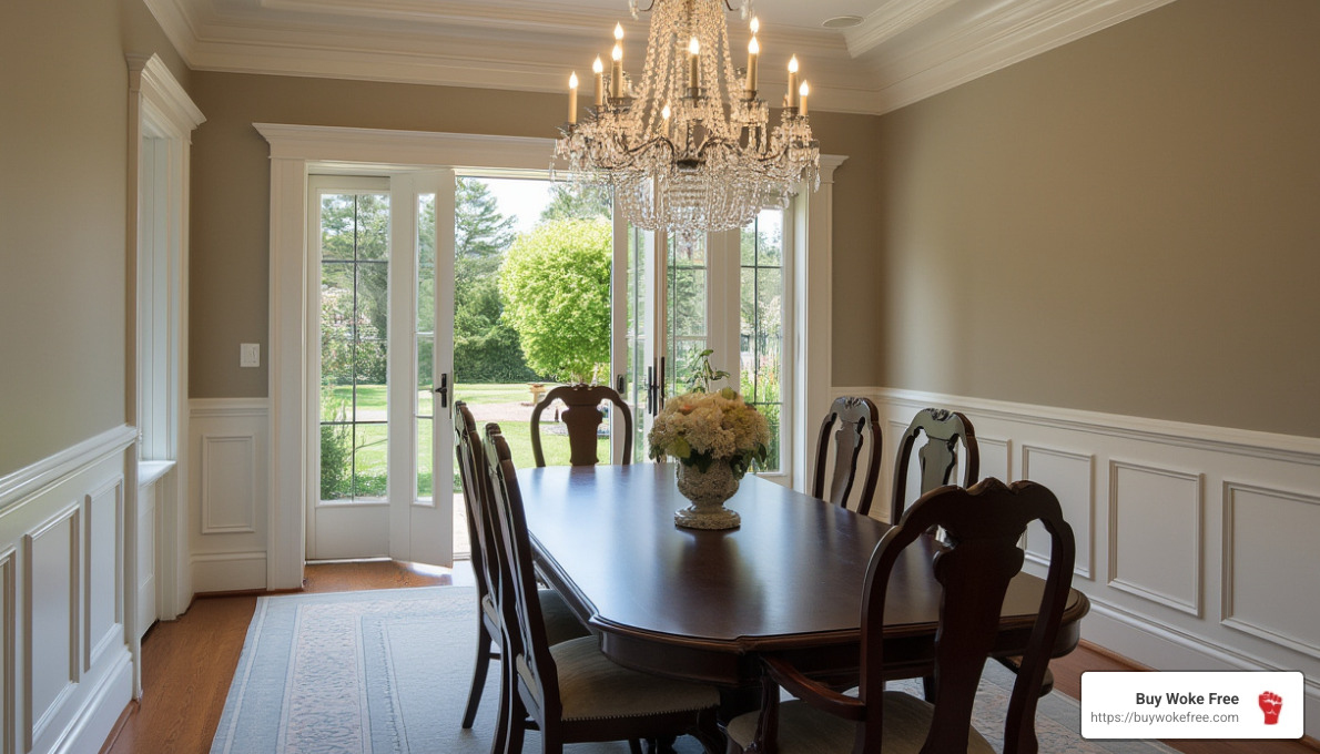 A realistic photo of a traditional home's formal dining room featuring neat wainscoting, a sparkling crystal chandelier, a dark wood dining table, and French doors opening to a serene garden view. - traditional style homes
