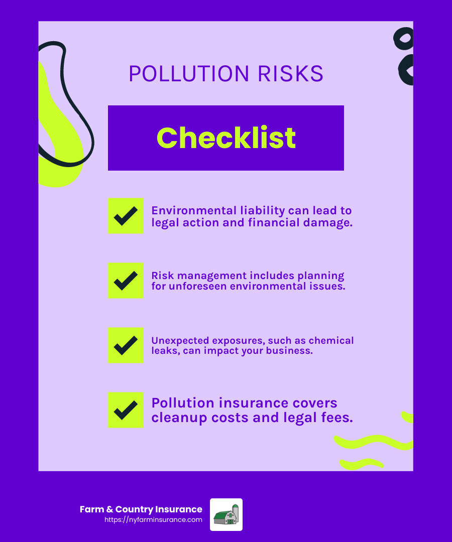 95e33dee92816e7e3257dd77dca7d1108943b55e Pollution Insurance: Protecting Your Business from Environmental Risks Protect your business with a pollution insurance policy. Learn about coverage, types, and why it's essential for environmental risk management. Environmental incidents can happen unexpectedly, leading to costly consequences. - pollution insurance policy infographic checklist-fun-neon