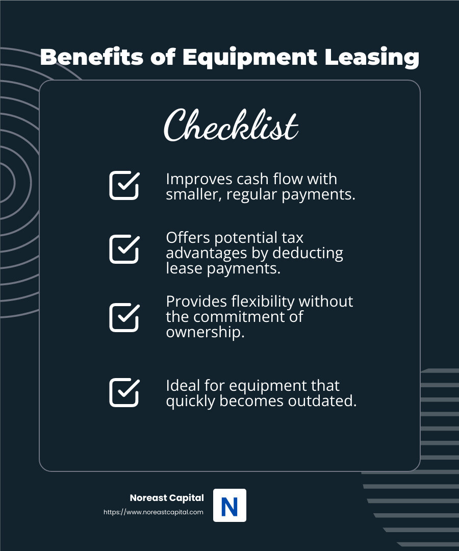 Benefits of Leasing - commercial finance equipment leasing infographic checklist-dark-blue