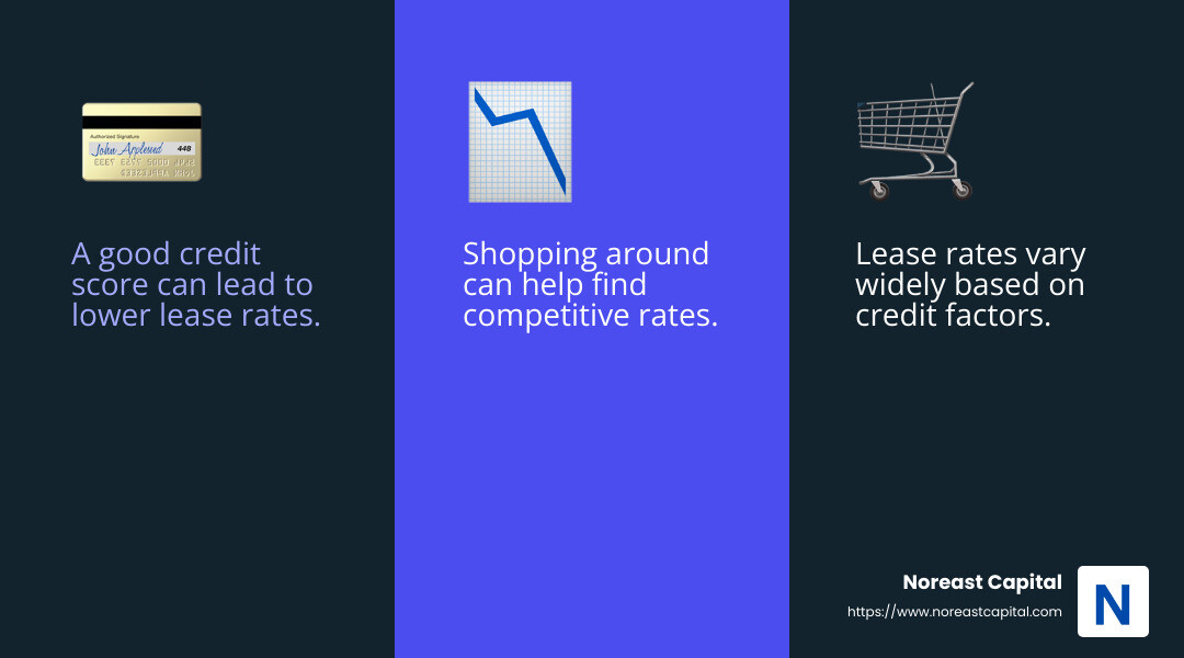 Credit scores can open up lower interest rates, making leasing more affordable. - commercial finance equipment leasing infographic 3_facts_emoji_blue