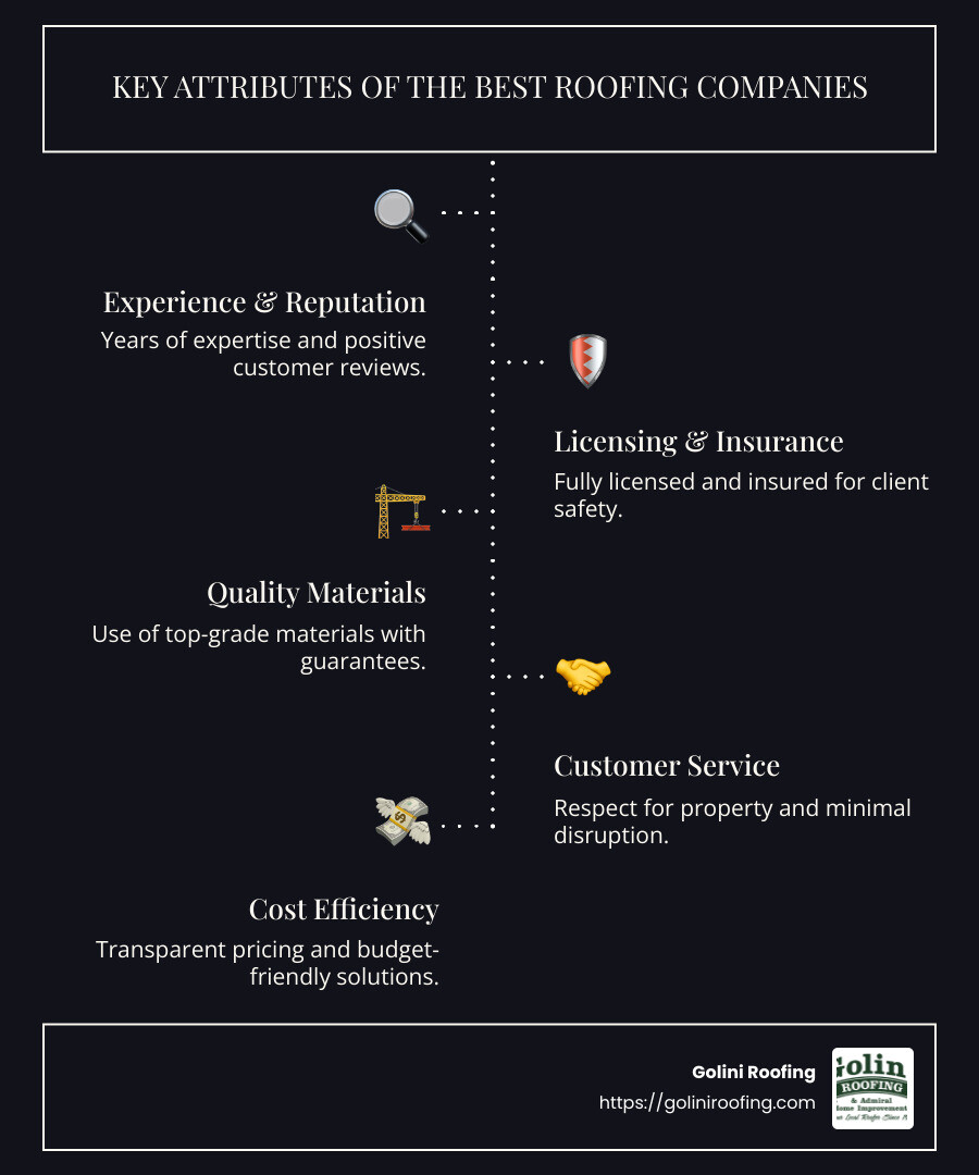 An infographic comparing features such as reputation, licensing, materials, customer service, and cost against several leading roofing companies - best roofing companies infographic infographic-line-5-steps-dark
