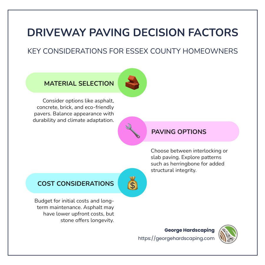 Infographic detailing driveway materials, paving options, and cost considerations, including brief descriptions and pros/cons for each. - driveway paving companies infographic infographic-line-3-steps-colors