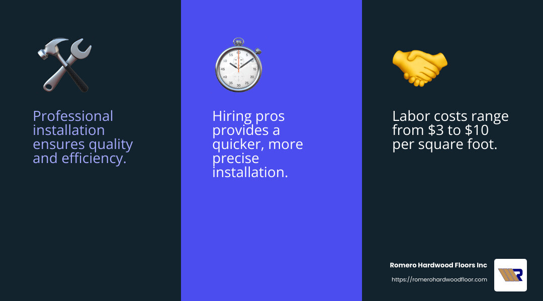 Professional installation ensures quality and efficiency. - Hardwood floor cost per square foot infographic 3_facts_emoji_blue