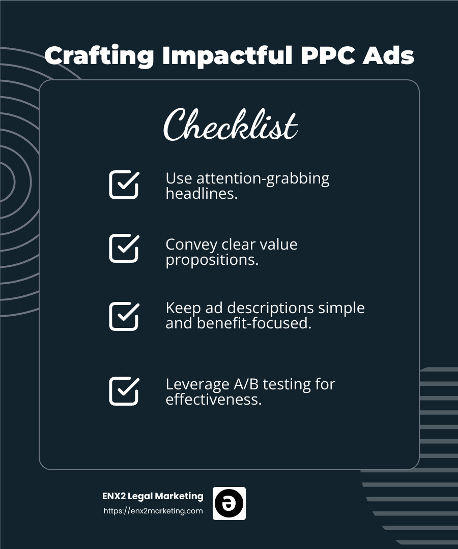 Example of a compelling ad headline and description - bankruptcy lawyer ppc infographic checklist-dark-blue
