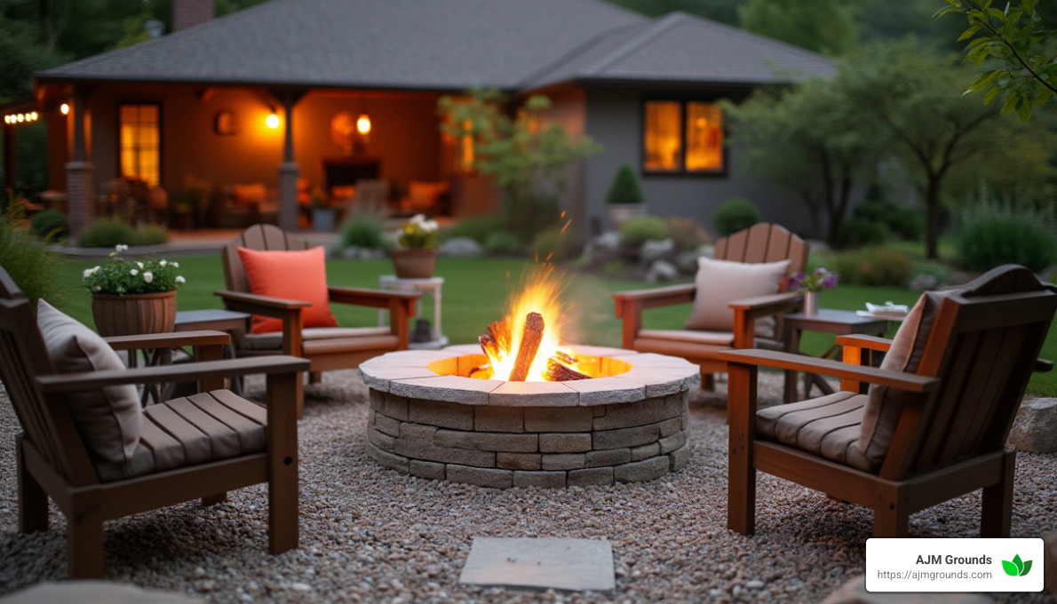 Pea gravel fire pit area - Fire pit landscape design