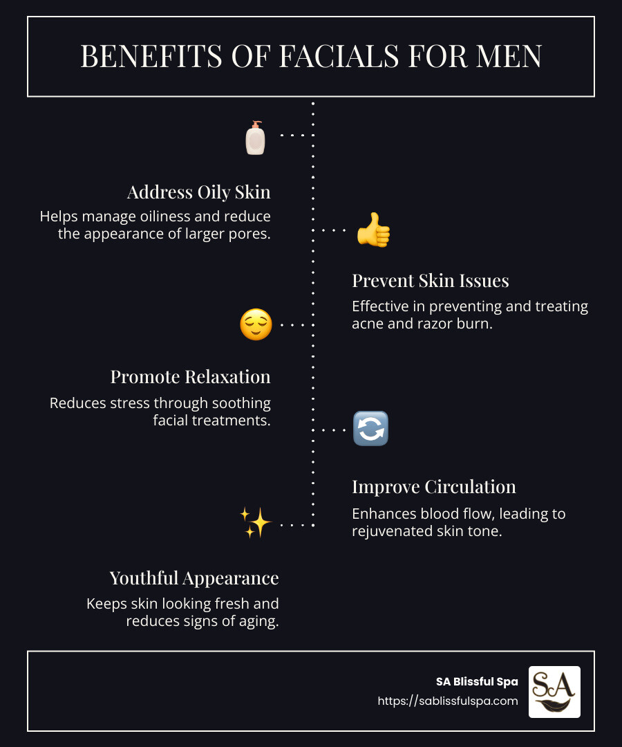 Benefits of facials for men infographic: oily skin solution, acne treatment, stress reduction, improved circulation - facials for men infographic infographic-line-5-steps-dark
