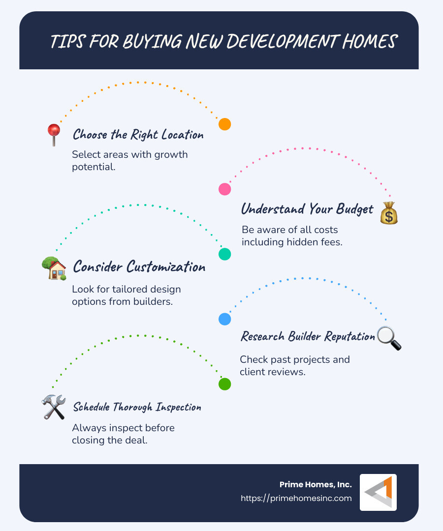 New development homes: Location, budget, customization, transparency, construction quality - new development homes near me infographic infographic-line-5-steps-blues-accent_colors