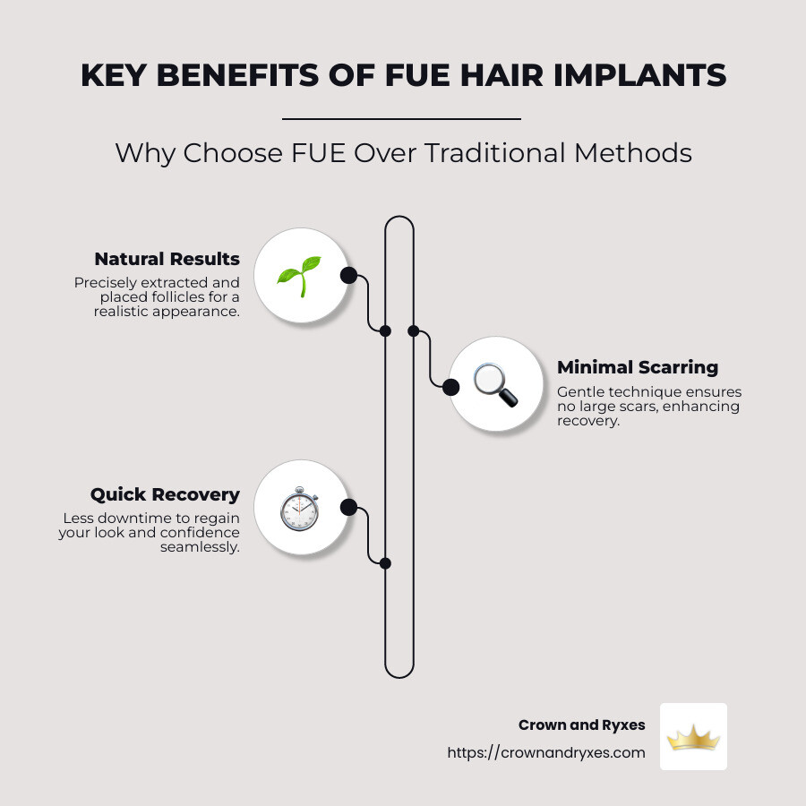 Infographic showing key benefits of FUE hair implant: natural results, minimal scarring, quick recovery - fue hair implant infographic infographic-line-3-steps-neat_beige