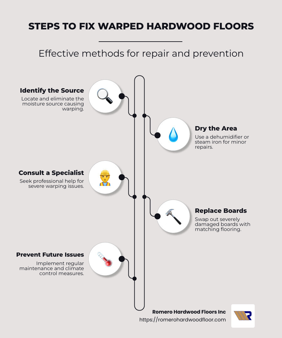 infographic explaining causes and solutions for fixing warped hardwood floors - fixing warped hardwood floors infographic infographic-line-5-steps-neat_beige