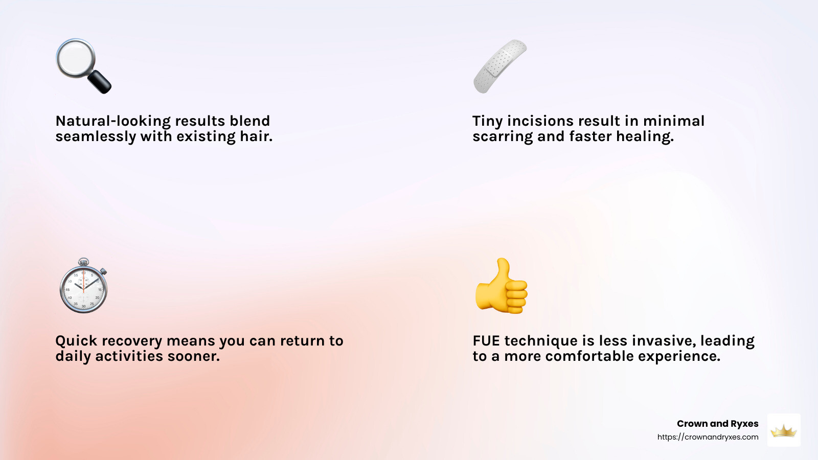 Minimal scarring and quick recovery are key benefits of FUE hair restoration. - fue hair implant infographic 4_facts_emoji_light-gradient