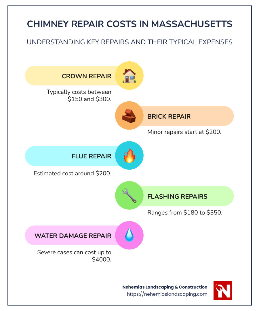 Detailed infographic of chimney repair costs in Massachusetts, showing individual cost ranges for various repairs, such as crown, brick, and flashing repairs, along with water and flue repair costs, emphasizing the importance of regular maintenance. - chimney repair cost massachusetts infographic infographic-line-5-steps-colors
