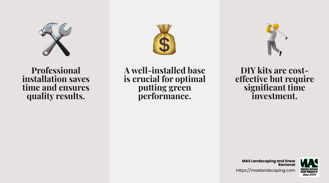 Professional installation ensures optimal performance of your putting green. - artificial outdoor putting green infographic 3_facts_emoji_grey