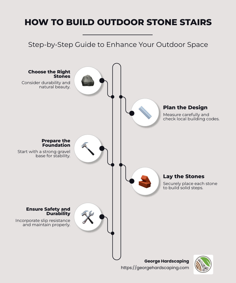 Infographic detailing steps to build outdoor stone stairs, including choosing materials, planning design, preparing foundation, and stone placement - how to build outdoor stone stairs infographic infographic-line-5-steps-neat_beige