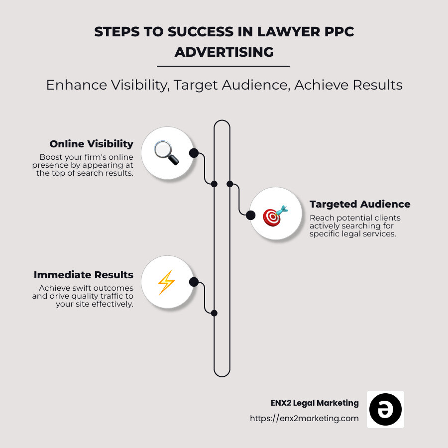 Infographic: Steps to Success in Lawyer PPC Advertising - Online Visibility, Targeted Audience, Immediate Results - Lawyer pay-per-click advertising infographic infographic-line-3-steps-neat_beige