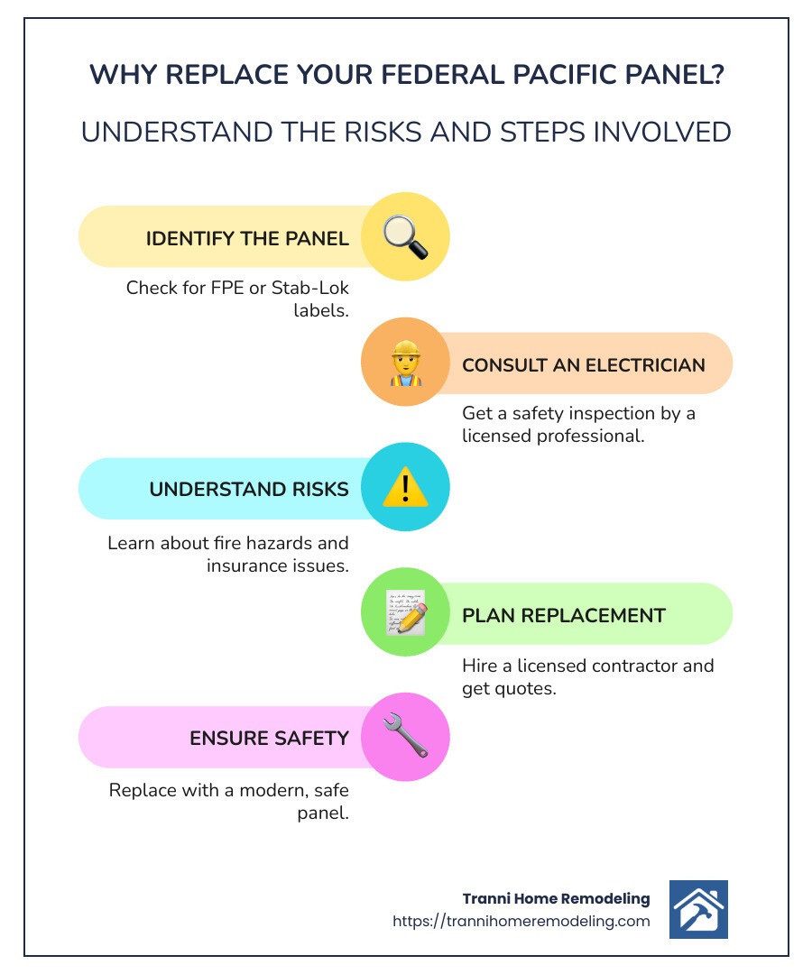 Infographic summarizing reasons to replace federal pacific panel: safety dangers, fire risks, insurance complications - replace federal pacific panel infographic infographic-line-5-steps-colors