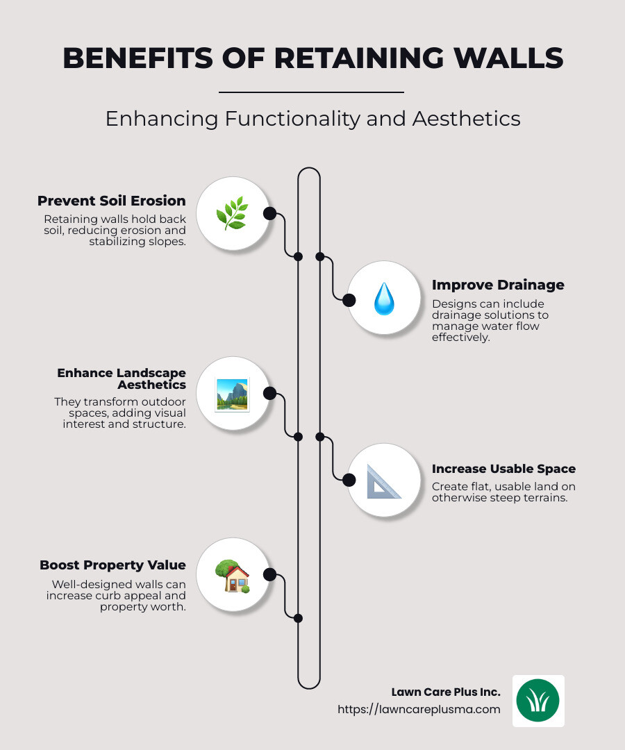 Infographic detailing types, materials, and benefits of retaining walls - retaining walls infographic infographic-line-5-steps-neat_beige