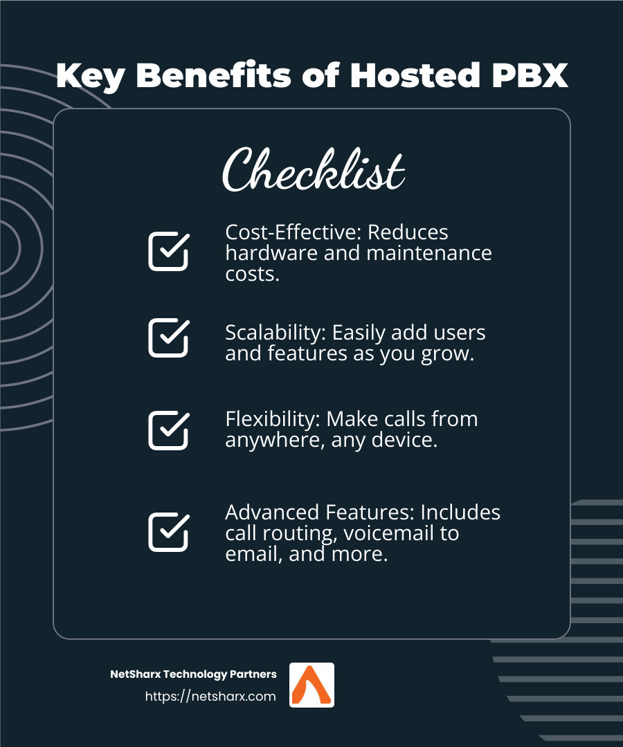 Hosted PBX Benefits - best hosted pbx providers infographic checklist-dark-blue