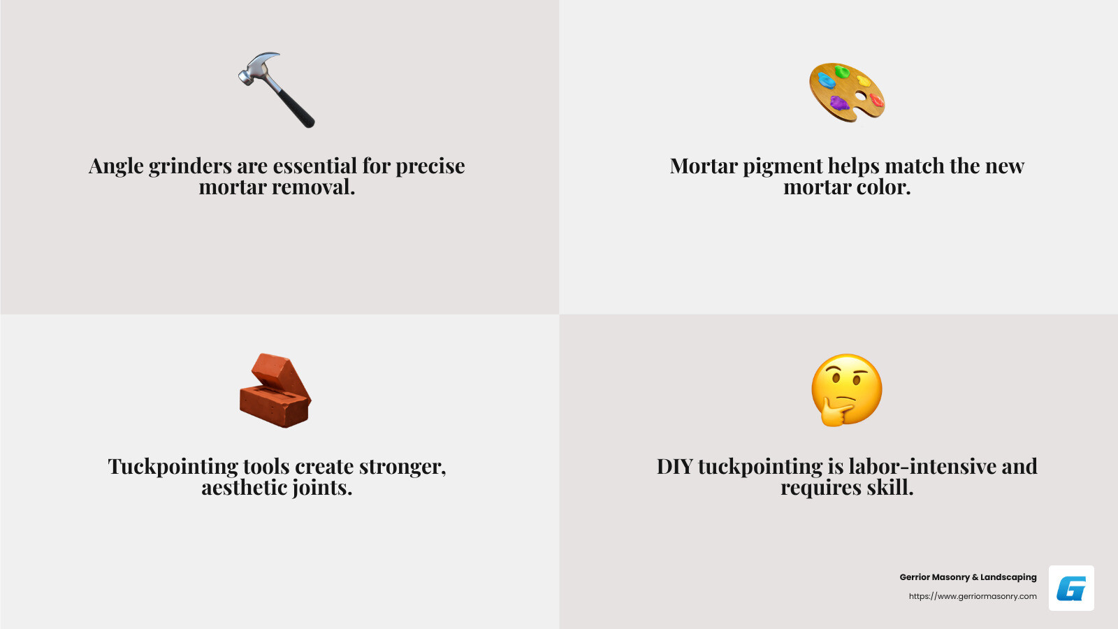 Tuckpointing Your Chimney: A Step-by-Step Guide 4 Professional tuckpointing ensures a high-quality finish and peace of mind. - chimney tuckpointing infographic 4_facts_emoji_grey